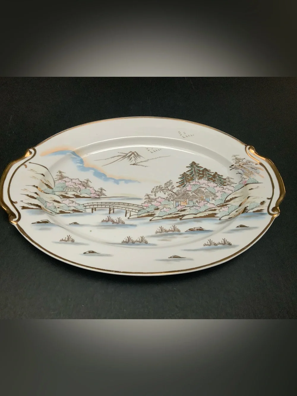 Vintage Hand-painted Kutani Porcelain 15” oval serving platter, Gold Trim, Japan